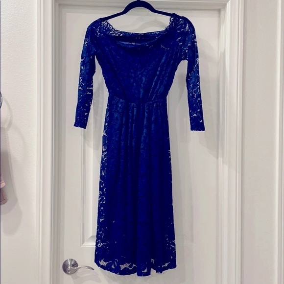 Navy Blue Off the shoulder Lace Dress - Picture 1 of 2